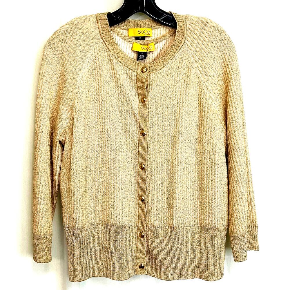 St. John SoCa Rib Knit Rayon Wool‎ Metalized Gold Cardigan Tank Sweater Set Sz M